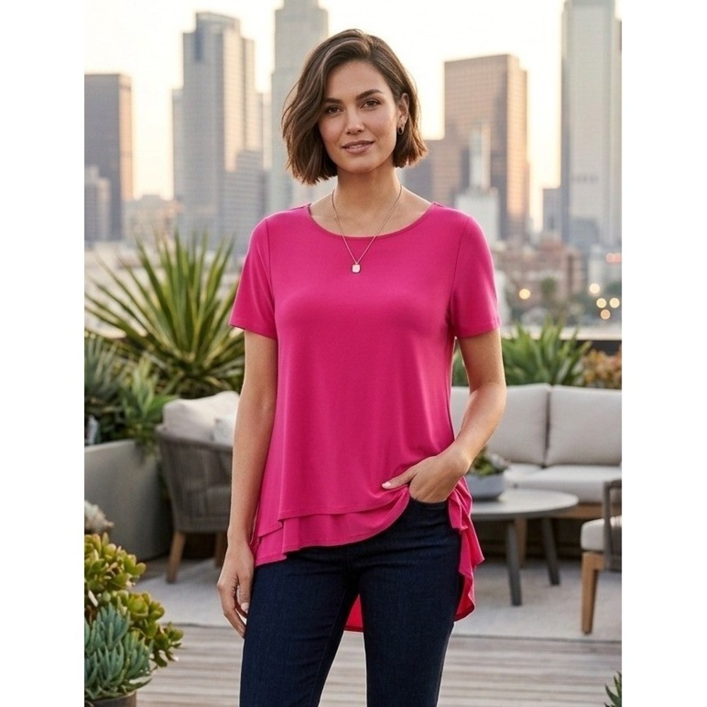 Susan Graver Liquid Knit Short Sleeve High-Low Tunic Top Womens M Pink USA Basic